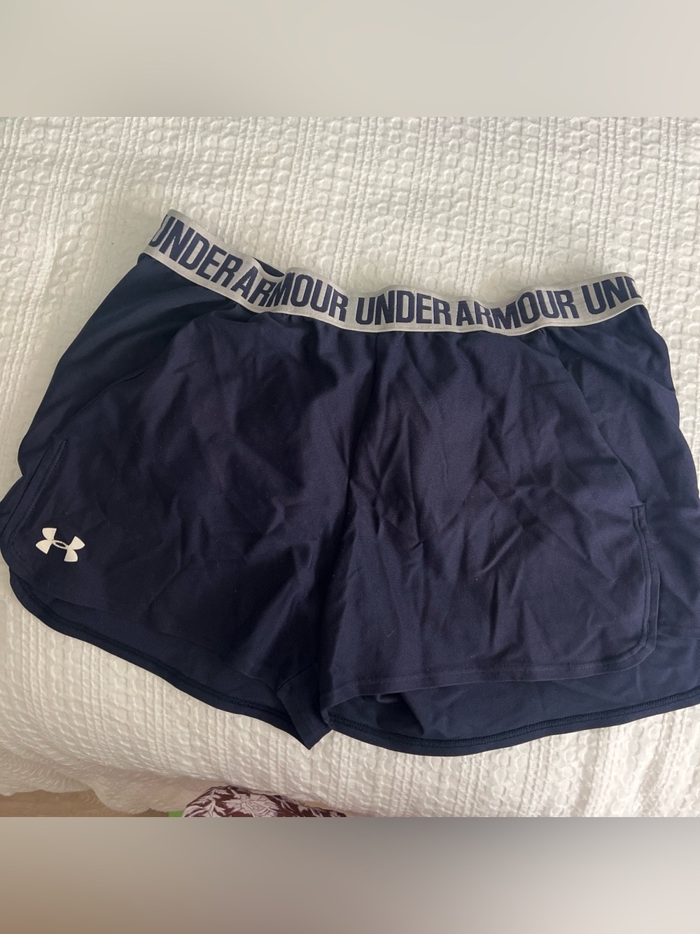 Under Armour Navy Athletic Shorts with Silver Logo Waistband